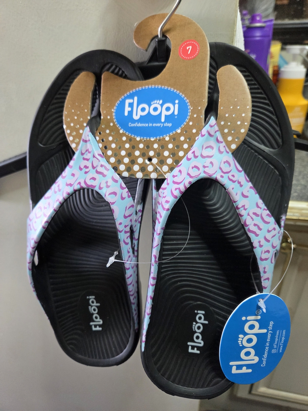 Flopi Women's Black Sandals with Light Blue & Pink Leopard Straps